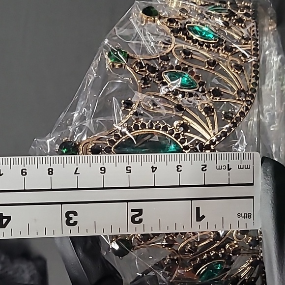 Elegant Metal Gold Tiara with Green & Black Rhinestone Accents - Picture 10 of 12